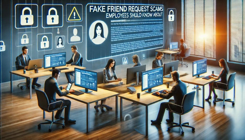 Employees reacting to fake friend request scams in an office
