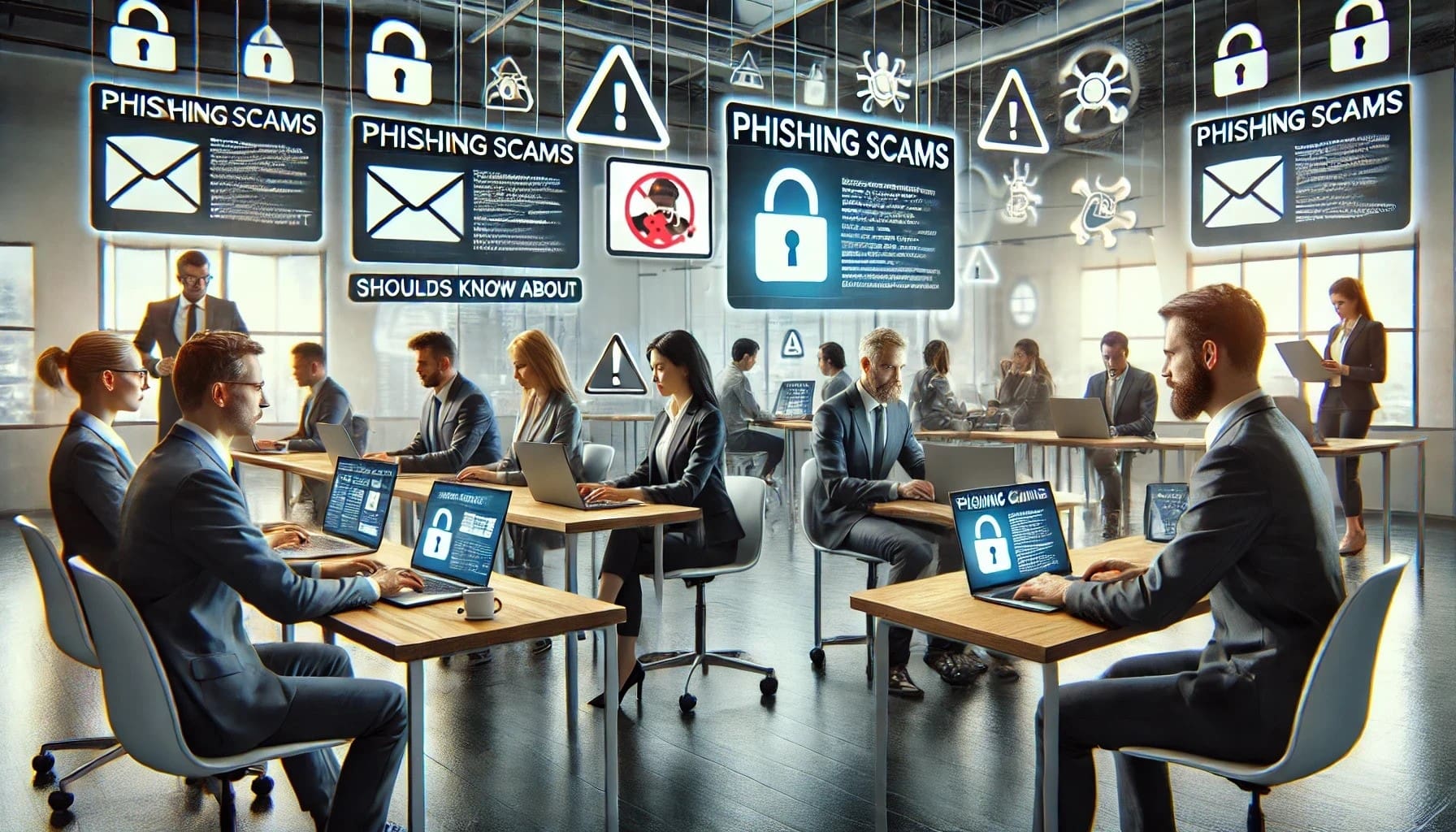 Employees discussing phishing scams in an office