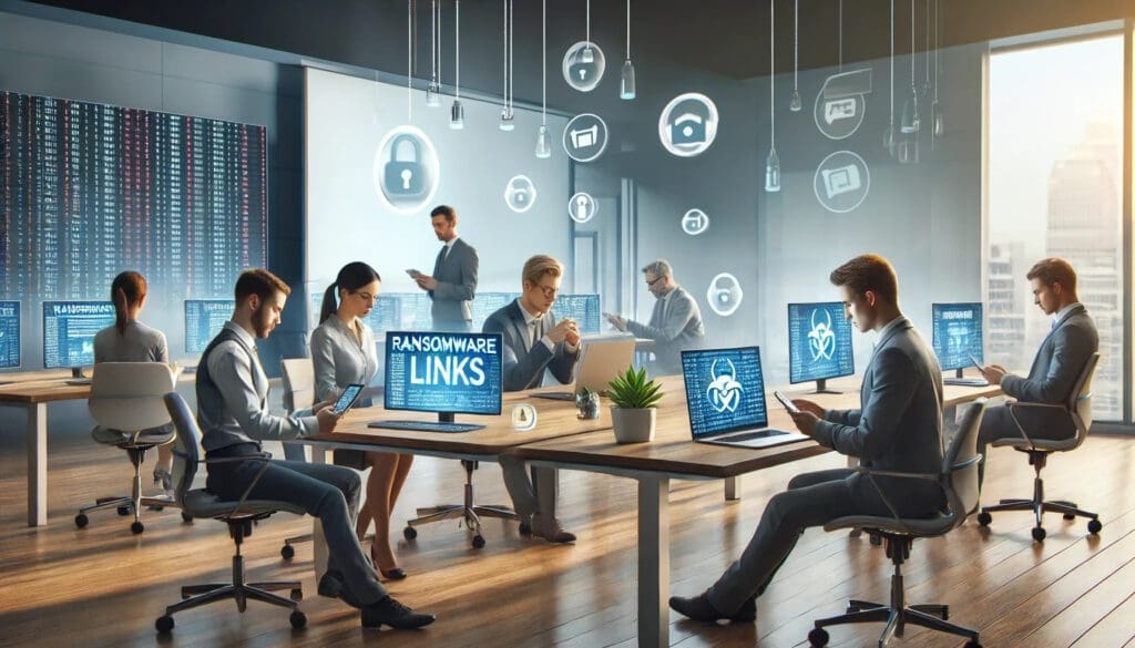 Ransomware links displayed on laptops in an office setting