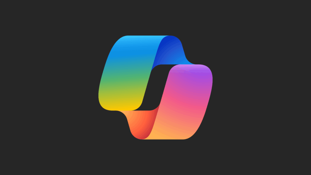 Colorful gradient logo with interlocking curved shapes in blue, yellow, orange, and pink on dark background