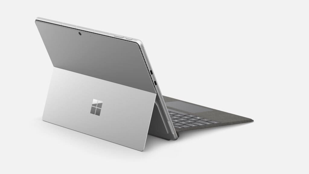 Microsoft Surface tablet with detachable keyboard and kickstand in silver/gray color